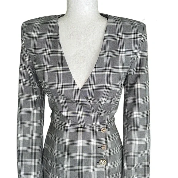 Zara Black & White Plaid Wrap Front Rhinestone Button Blazer Mini Dress - XS - Picture 7 of 16